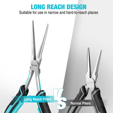 Long Reach 7 Inch Needle Nose Pliers Set, Two Piece Bent Nose And Straight Nose Pliers, Drop Forged Carbon Steel, Heat Treated, Nickel Plated, Anti Rust Oil Protected, Built Tough For Precision Work, compared with normal pliers