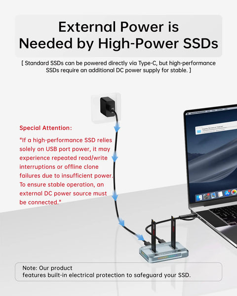 External power connection for Industrial Grade Dual Bay M.2 SSD Cloner with Type-C and DC supply for stable operation.