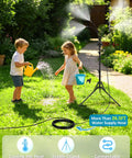 Children playing under an Outdoor Misting System for Patio and Yard, Adjustable 5.25 Foot Standing Mister With 26.5 Foot Misting Line