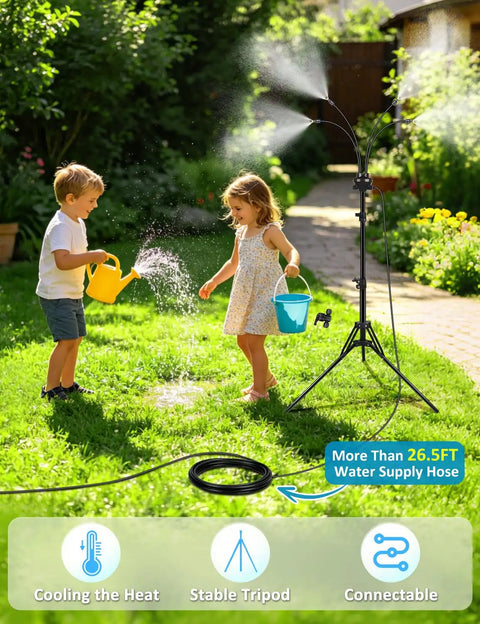 Children playing under an Outdoor Misting System for Patio and Yard, Adjustable 5.25 Foot Standing Mister With 26.5 Foot Misting Line