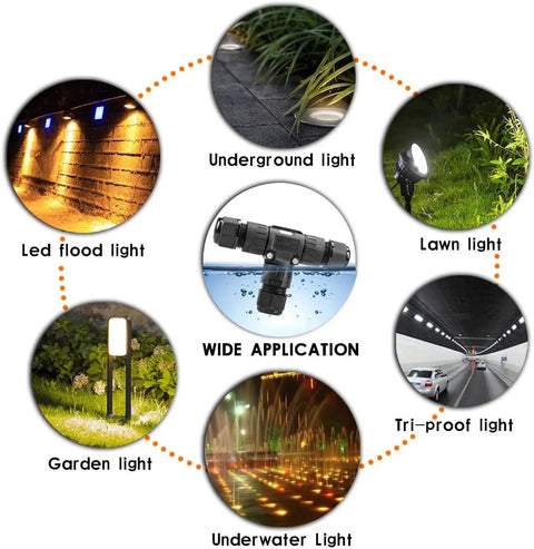 Diagram showing applications of Waterproof IP68 3 Pin 3 Way Cable Connector Junction Box for outdoor lighting