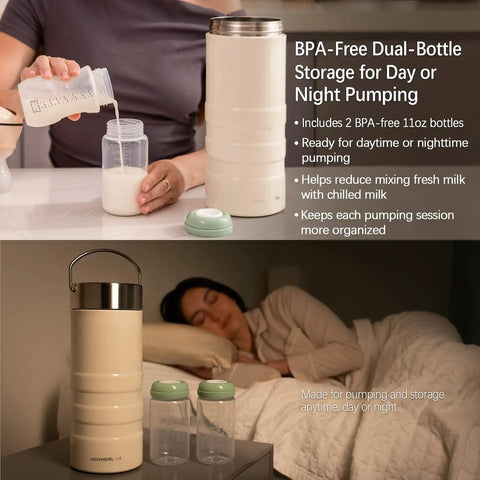 Insulated Stainless Steel Breast Milk Cooler With Cool Gel Ring Keeps Your Milk Ice Cold On The Go For Busy Mamas Who Hate Spills And Lukewarm Bottles, featuring dual-bottle storage.