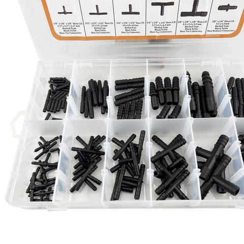 Vacuum connector assortment kit in clear storage box; black nylon fittings for automotive vacuum tubing, 12 sizes