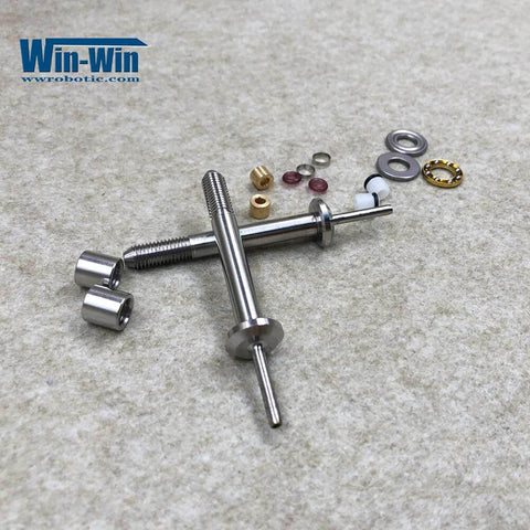 Top view of waterjet spare parts kit for 1/4 in. 90-degree swivel; stainless steel rods, seals, and washers; Win-Win logo.