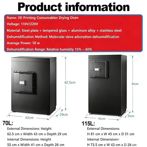 3D Printer Humidity Control Box featuring dual tier racks, dimensions, built for home shops to keep filament dry.