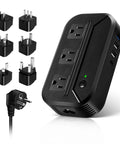 US To Europe 2300W Must Have Travel Power Converter 220V To 110V with 3 USB Ports, Type C, 3 AC Outlets, and multiple adapter plugs.