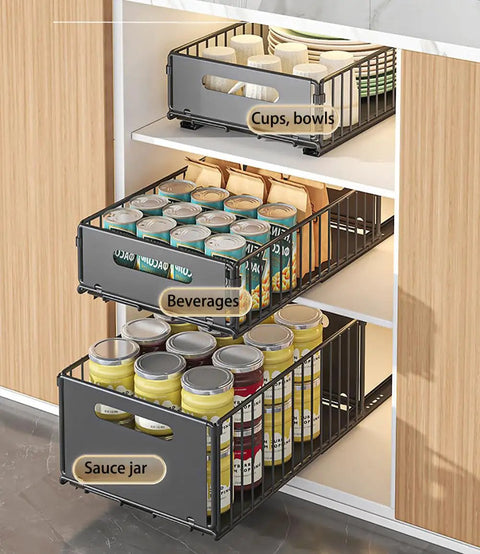 Heavy Duty Slide Out Cabinet Organizer Pair, Tough Carbon Steel Drawer Rack For Pantry Storage, Smooth Operator Kitchen Drawer Slides, Zero Hassle Two Pack Space Saver For Snug Cupboards And Cabinets