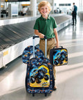 Three-piece kids luggage set with blue monster-truck print; 18-inch wheeled suitcase, neck pillow, and square lunchbox.