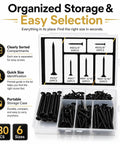 Drywall Screw Set 130 Piece Assortment With Six Sizes Including #6 X 5/8 Inch, #6 X 3/4 Inch, #6 X 1 Inch, #6 X 1-3/16 Inch, #6 X 1-9/16 Inch, And #6 X 2 Inch Self-Tapping Bugle Head Black Oxide Coated For Fast DIY Finishes On Drywall in sorted compartments