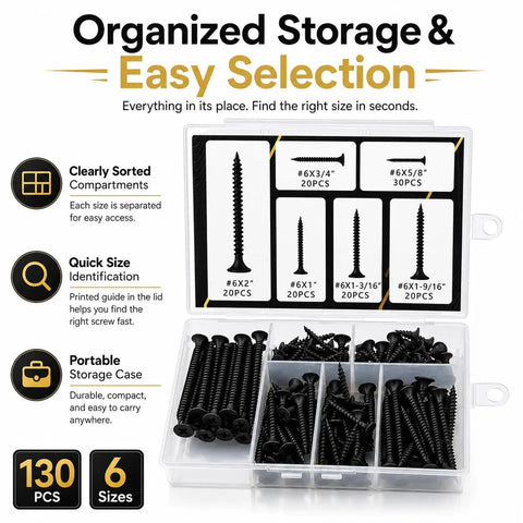 Drywall Screw Set 130 Piece Assortment With Six Sizes Including #6 X 5/8 Inch, #6 X 3/4 Inch, #6 X 1 Inch, #6 X 1-3/16 Inch, #6 X 1-9/16 Inch, And #6 X 2 Inch Self-Tapping Bugle Head Black Oxide Coated For Fast DIY Finishes On Drywall in sorted compartments