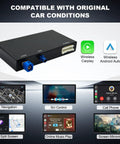 Audi Plug And Play Wireless CarPlay And Android Auto Retrofit Kit Decoder Module with icons showing features and compatibility.