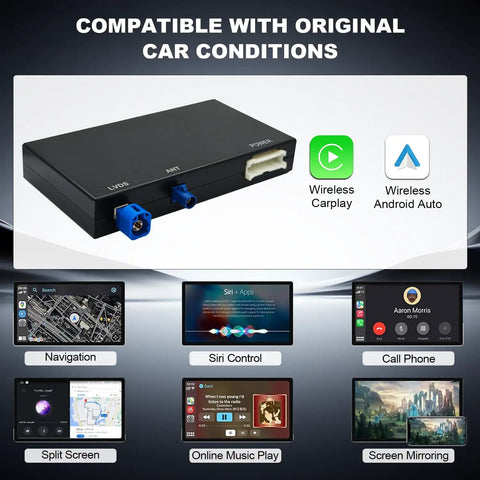 Audi Plug And Play Wireless CarPlay And Android Auto Retrofit Kit Decoder Module with icons showing features and compatibility.