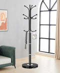 Metal Coat Rack Freestanding With Natural Marble Base, Dope Modern Black Coat Tree Stand With 12 Hooks For Entryway, Hallway, Office, Hats And Accessories Hanger Holder in a living room setting