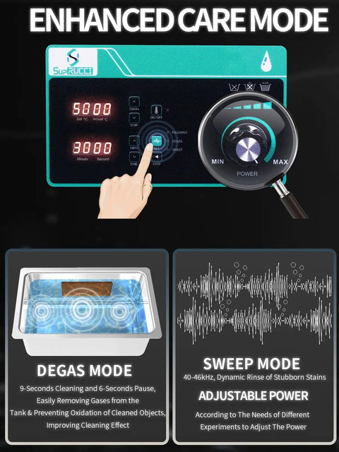 Control panel of 10 Gallon Heavy Duty Workhorse Ultrasonic Cleaner With Adjustable Heat And Sweep Feature displaying operation settings.
