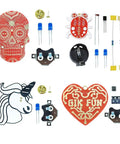 DIY Soldering Practice Kit For Beginners PCB Board Brooch Decoration With Skeleton Unicorn Heart And Insect Shapes Hands On Learning Project Great Gift For Students And Hobbyists GK1026 kit contents