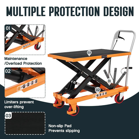 Heavy Duty Hydraulic Lift Table Cart With 1100 Lb Capacity Reliable Pump Smooth Operation Easy To Use For Material Handling Tasks showing maintenance overload protection features.