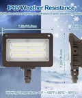 2 Pack 50W Outdoor LED Flood Lights With Dusk To Dawn Photocell featuring IP65 waterproof rating, detailed dimensions, and side view.