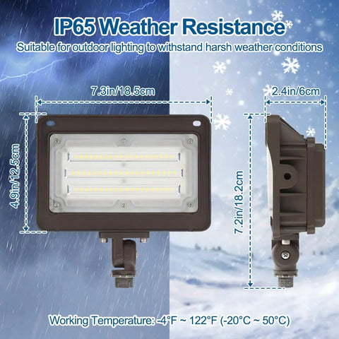 2 Pack 50W Outdoor LED Flood Lights With Dusk To Dawn Photocell featuring IP65 waterproof rating, detailed dimensions, and side view.