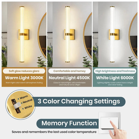 Comparison of Gold Modern LED Chandelier Flush Mount lighting in 3000K, 4500K, and 6000K settings with memory function