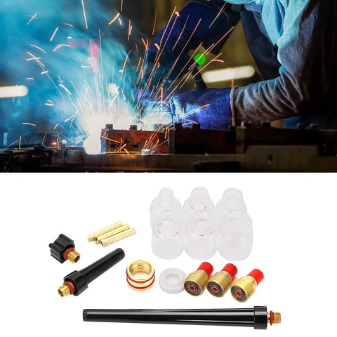 Go To Welding Glass Cup Nozzle Kit For WP9 20 Argon Torch with glass and brass components displayed on white background