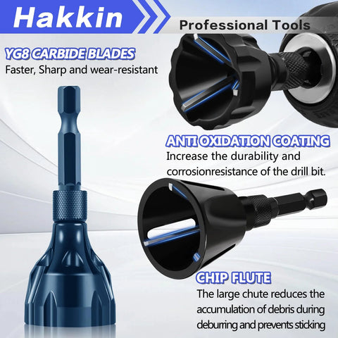 Hakkin blue-handled deburring external chamfer tool set with tungsten carbide blade and hex shank, 4-piece