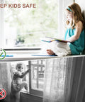 Child sitting safely by window above image of child climbing through open window with safety icons