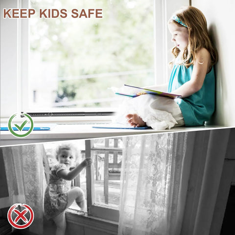 Child sitting safely by window above image of child climbing through open window with safety icons