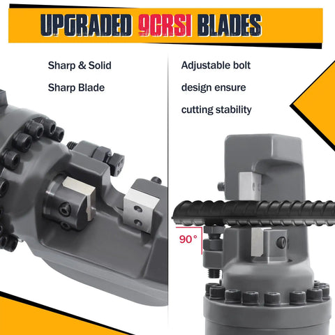 Heavy-Duty 7/8 Inch Electric Hydraulic Rebar Cutter Wielding A Roaring 1400W Pure Copper Motor For Blazing Fast Cuts Through #7 Steel In Just Three Seconds Portable And Tough For The Job blade detail showcasing sharp edges and adjustable bolts for stability.