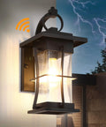 Dusk To Dawn Outdoor Wall Lantern With Sensor, Matte Black Porch Light with glass shade, lit during evening storm