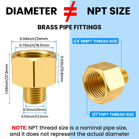 Brass Pipe Fitting Set Of Two One Quarter Inch NPT Male To One Half Inch NPT Female Reducer Adapters with dimensions shown