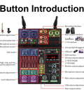 4 Channel USB DJ Mixer With Dual Wireless Microphones, Bluetooth MP3 Playback button layout and labeling