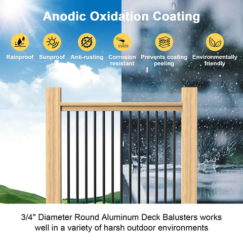 No Sweat Setup 100 Pack 26 Inch Round Aluminum Deck Balusters, Three Quarter Inch Diameter Black Anodized Stair Spindles, Heavy Duty Railing Kit With Mounting Hardware For Quick Backyard Makeovers with environmental icons