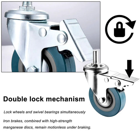 Close-up of a heavy duty swivel caster showing double lock mechanism and PVC roller, Pack of 4 65 mm/75 mm furniture casters with brakes low noise transport casters heavy duty swivel casters 80 kg load capacity M10/M12 threaded bolts industrial casters
