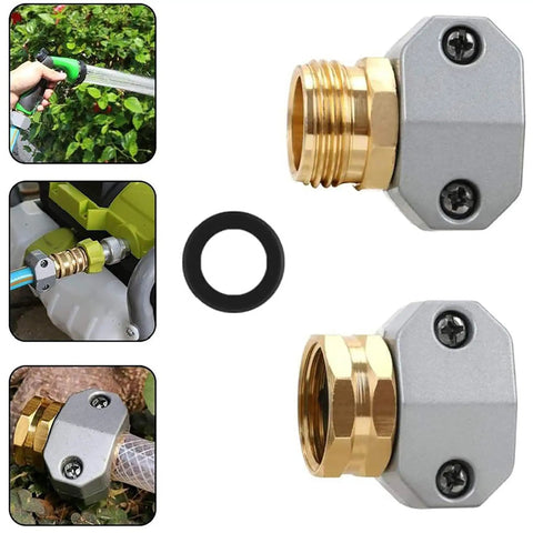Rock Solid Garden Hose Repair Kit For 5/8 And 3/4 Inch Ends With Heavy Duty Aluminum Fittings And Zinc Clamps To Fix Leaks Fast On Taps Sprinklers And Outdoor Water Connections Like A Pro Now, hose connector close-up