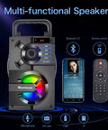 Outdoor Party Ready Portable Bluetooth Speaker With Subwoofer And Deep Bass, remote control, LED lights, and smartphone display.