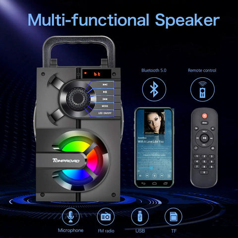 Outdoor Party Ready Portable Bluetooth Speaker With Subwoofer And Deep Bass, remote control, LED lights, and smartphone display.