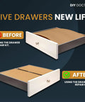 Drawer Repair Kit Easy Fix For Sagging Buckled Drawers 3 Pack Reinforcers with before and after drawer images showing repair results.