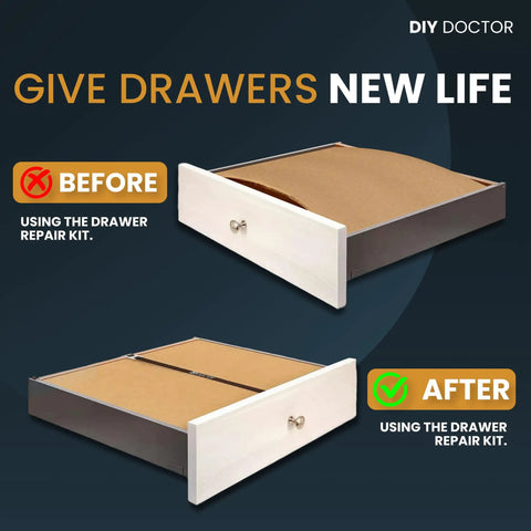 Drawer Repair Kit Easy Fix For Sagging Buckled Drawers 3 Pack Reinforcers with before and after drawer images showing repair results.