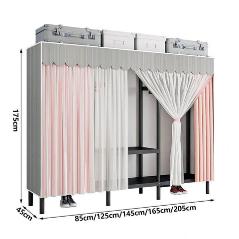 Hella Spacious Portable Fabric Wardrobe With Secure Hanging Rail And Extra Shelves Slick Clothes Closet Storage Organizer For Bedroom And Home Office Quick Setup with pink and white curtains.