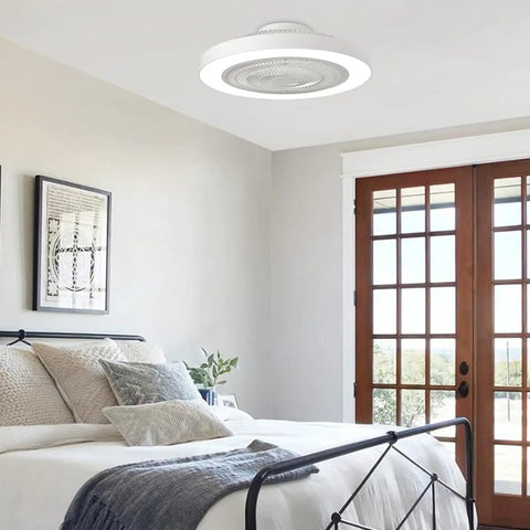 Bladeless Flush Mount Ceiling Fan With Light And Remote Control 19 Inch Low Profile installed in a bedroom ceiling.