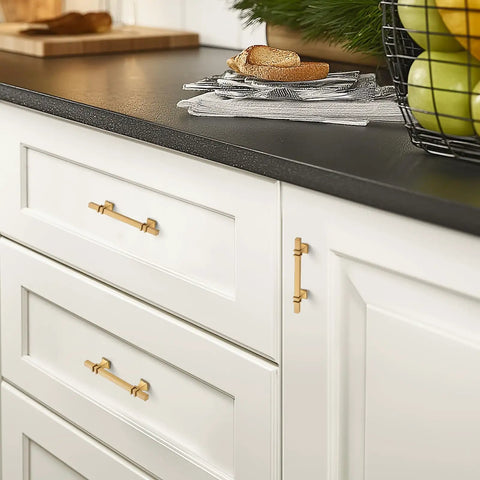 Heavy Duty Gold Cabinet Pulls And Drawer Handles Offering A Slick Upgrade For Kitchens And Baths Durable Stainless Steel And Zinc Alloy Base Plus Four Inch Center Spacing Anti Tarnish Coating Makes This Five Pack A Top Shelf Home Renovation Essential on white cabinets.