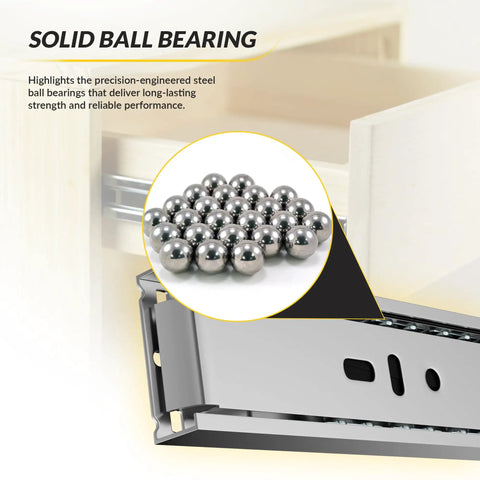 Solid ball bearing highlighted on heavy duty ball bearing side mount drawer slides in steel with Perma Brite zinc finish.