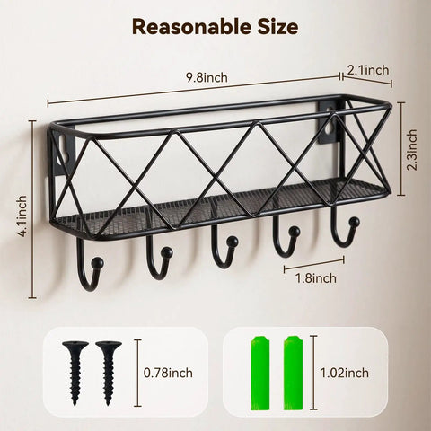Wall Mounted Key Holder With Five Hooks And Metal Wire Mesh Mail Basket, Entryway Organizer, Sturdy Steel, with easy install