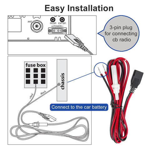 Diagram showing 2-Wire CB Power Cable With 3 Pin Plug And 15A Fuse, 59 Inch Long Replacement CB Radio Power Cord, easy installation steps.