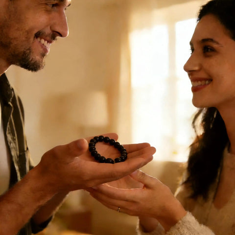 Couple smiling while holding a bead bracelet made with Wood Bead Maker Kit With Tungsten Steel Ball Milling Cutters Set For Lathes Or Drill Presses