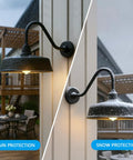 Gooseneck Barn Light With 15 Inch Arm Dusk To Dawn Outdoor Porch Fixture showing rain and snow protection against weather conditions.