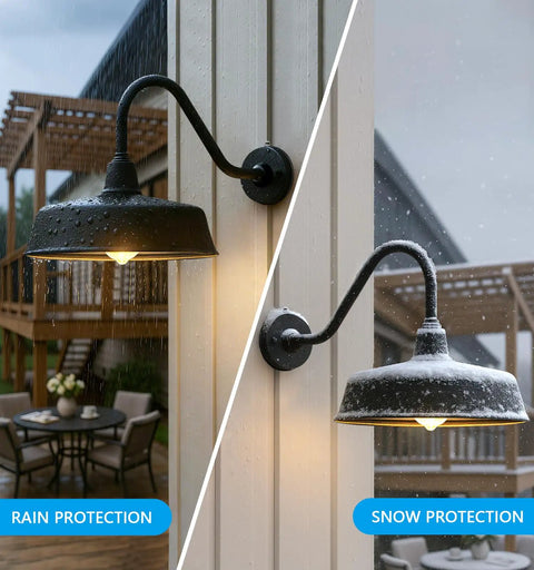 Gooseneck Barn Light With 15 Inch Arm Dusk To Dawn Outdoor Porch Fixture showing rain and snow protection against weather conditions.