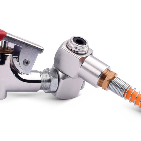 1/4 Inch NPT 360 Degree Swivel Air Hose Connector For Flexible Tooling, Industrial Swivel Air Fittings, 300 PSI Max, Accepts Standard Threaded Fittings And Quick Change Adapters, Silver connected to hose