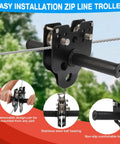Close-up of removable trolley showing Backyard Zip Line Kit For Kids And Adults, 200 Feet, Supports Up To 400 Lbs, durable handles.