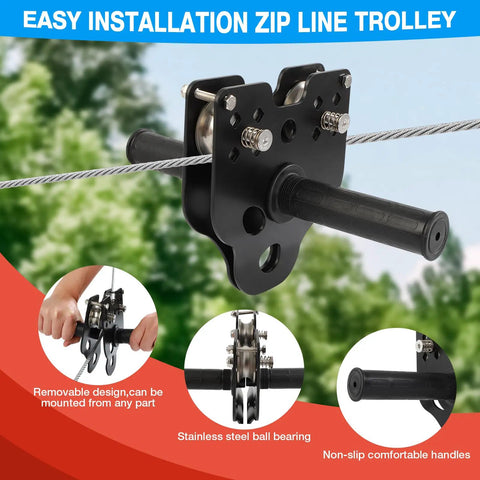 Close-up of removable trolley showing Backyard Zip Line Kit For Kids And Adults, 200 Feet, Supports Up To 400 Lbs, durable handles.